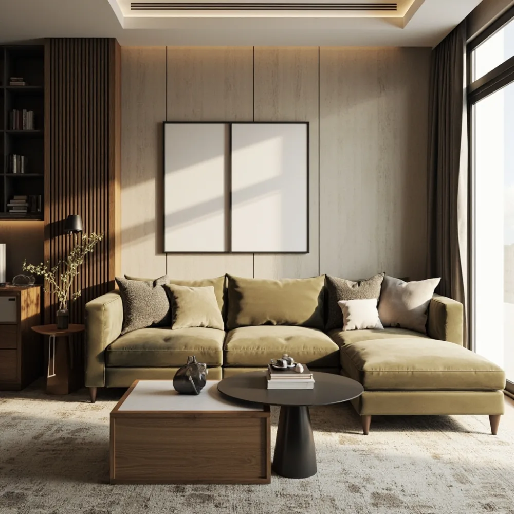 sofa kayu pepejal L mewah di ruang tamu kondominium