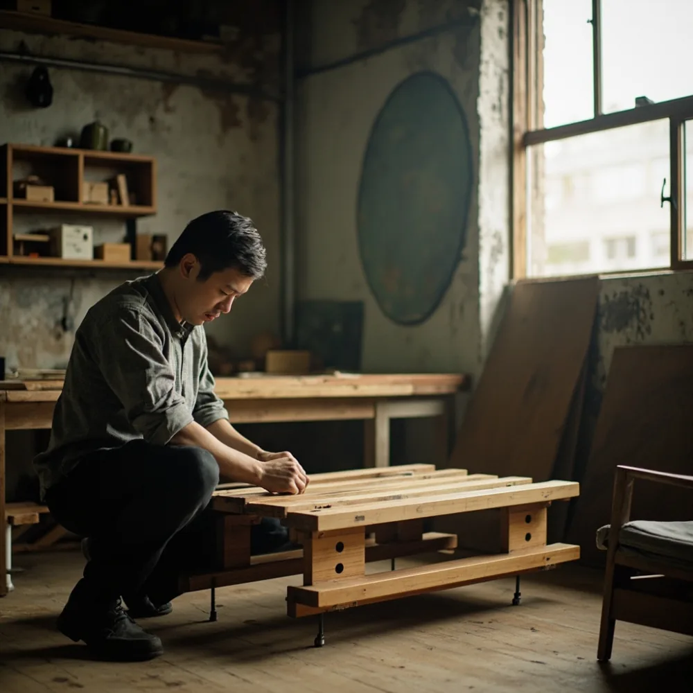 pengilang sedang mengassemblakan sofa modular kayu pepejal