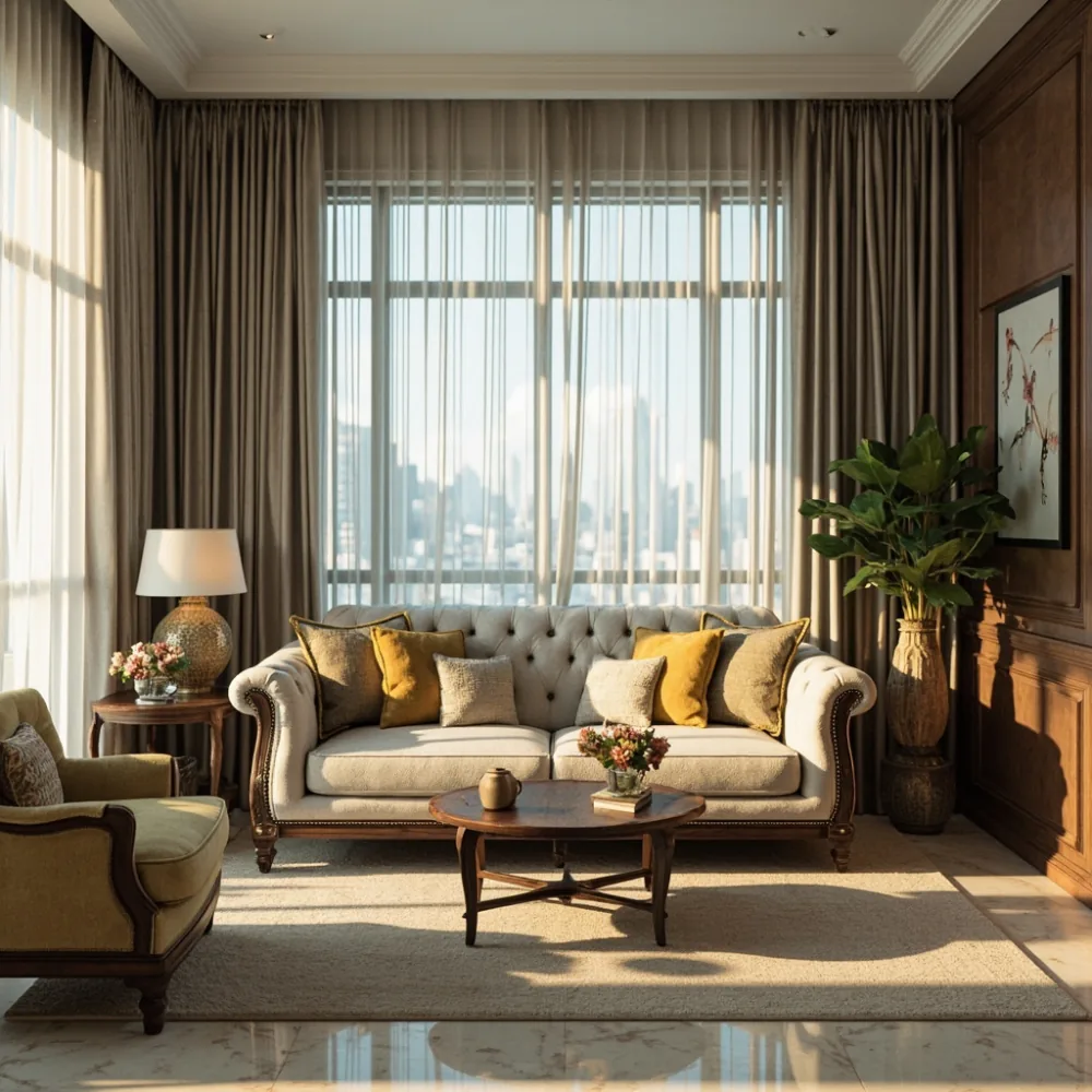 Sofa kayu walnut gaya Perancis dalam ruang tamu kondominium KL dengan pencahayaan semula jadi