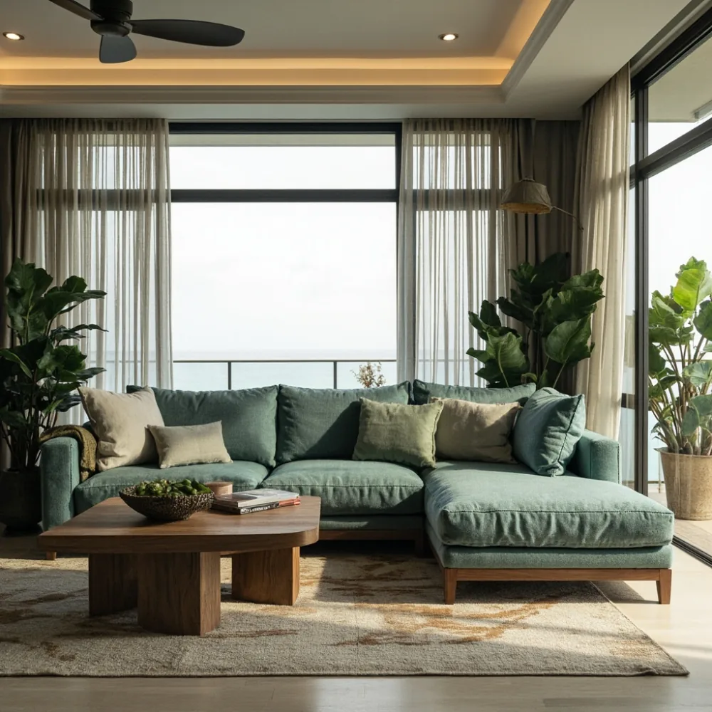 Sofa modular walnut gaya Amerika dengan chaise dalam kondominium pesisir Pulau Pinang