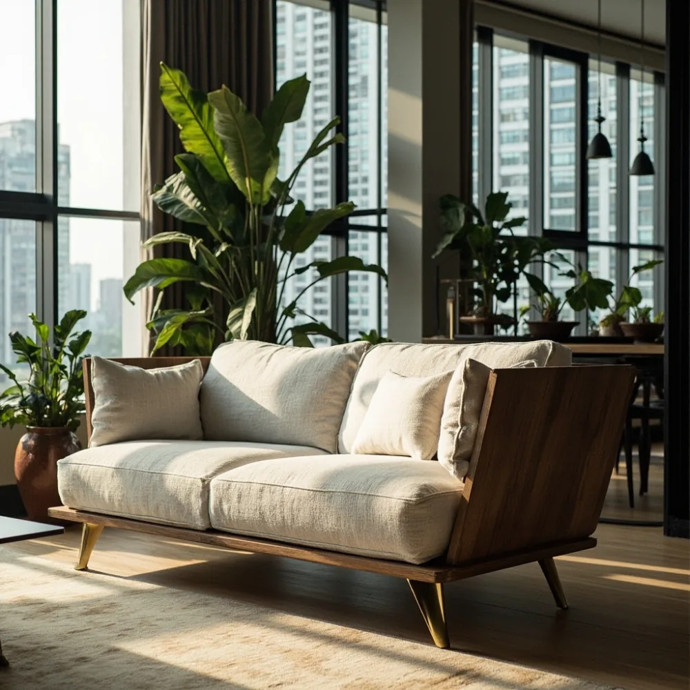 Sofa mewah postmoden walnut di kondominium Kuala Lumpur dengan fabrik boucle