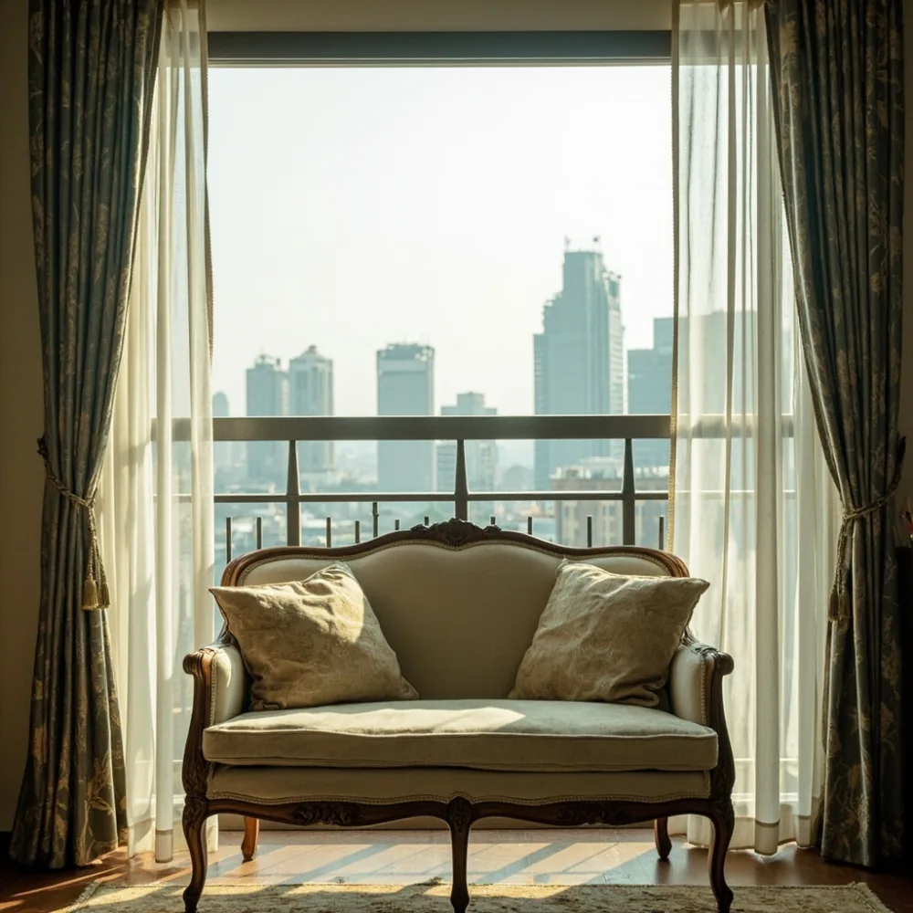 Sofa mewah Perancis linen krim di balkoni kondominium Pulau Pinang