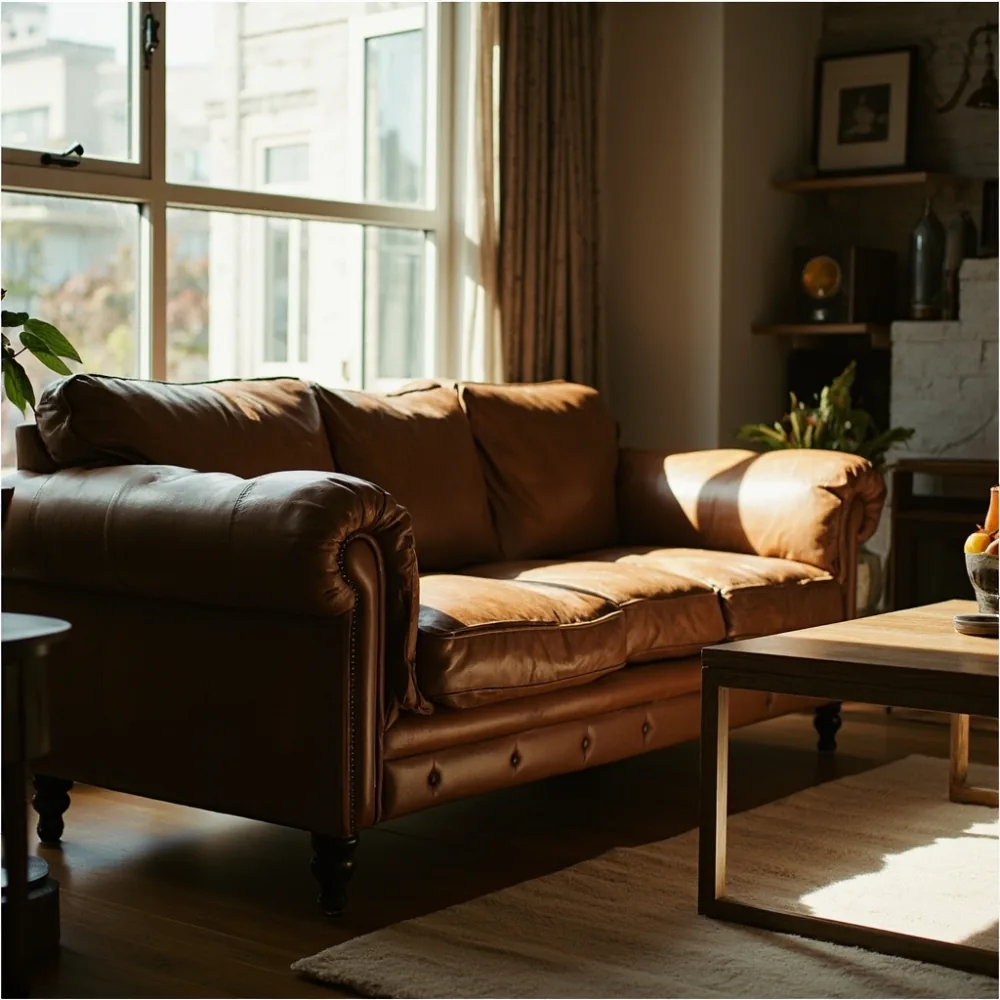 Sofa sectional kulit mewah Amerika di ruang tamu teres Johor Bahru