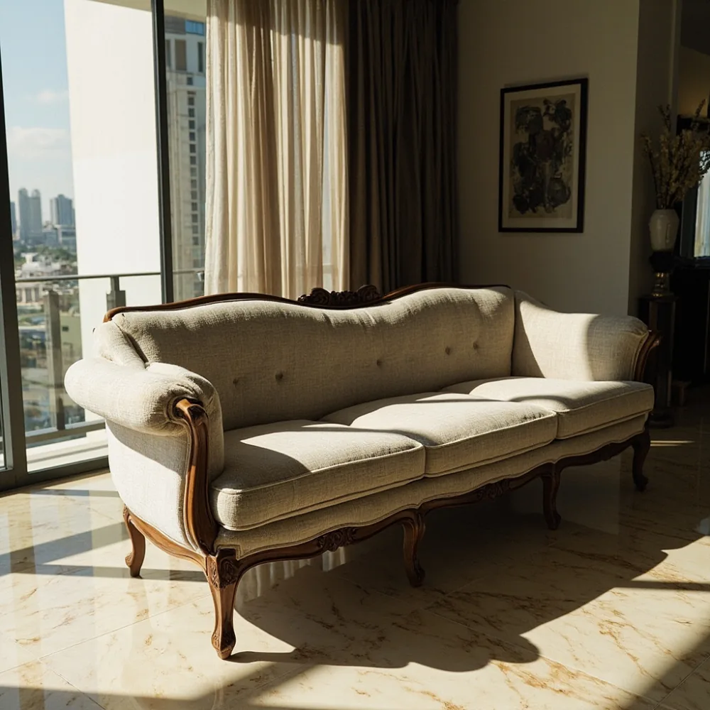 Sofa kayu walnut mewah Perancis dalam ruang tamu kondominium Kuala Lumpur