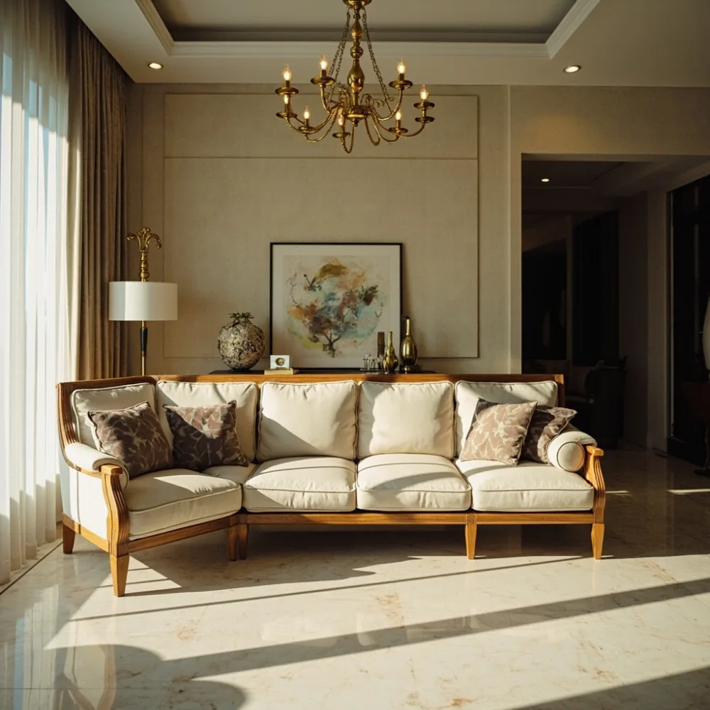 Sofa gaya Perancis Provence jati pepejal di ruang tamu kondominium Kuala Lumpur