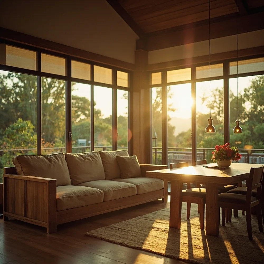 Set sofa Amerika Mid Century oak putih dengan meja makan walnut di rumah teres Pulau Pinang