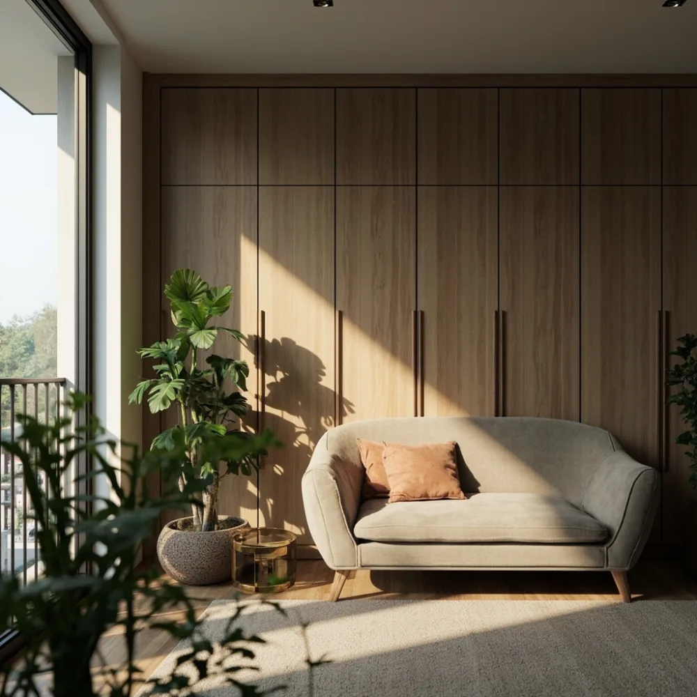 Sofa pasca-moden baldu bersama almari walnut dalam kondominium Johor Bahru