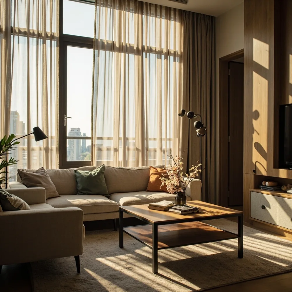 Sofa kayu pepejal jati tiga tempat duduk dalam ruang tamu kondominium Kuala Lumpur