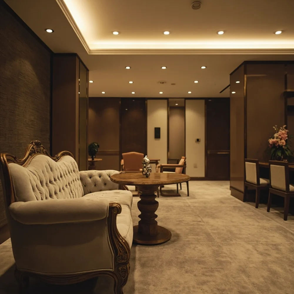 Set sofa mewah gaya Perancis bersama meja makan walnut dalam laluan kondominium Pulau Pinang