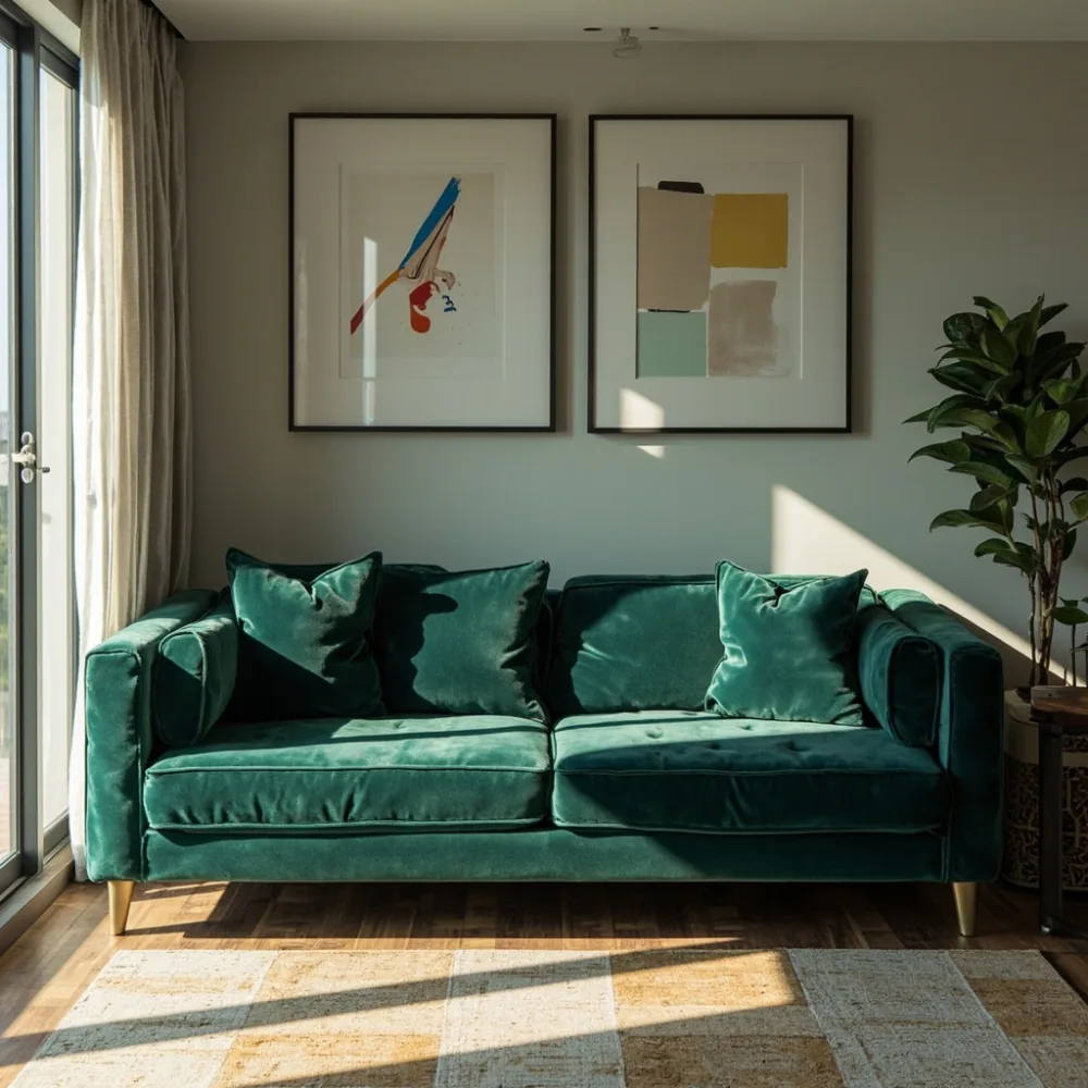 Sofa postmoden baldu emerald dengan kaki kayu pepejal di ruang tamu teres Johor Bahru