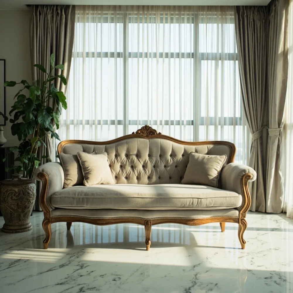Sofa my mewah gaya Perancis baldu pastel dalam ruang tamu kondominium Kuala Lumpur dengan lantai marmar