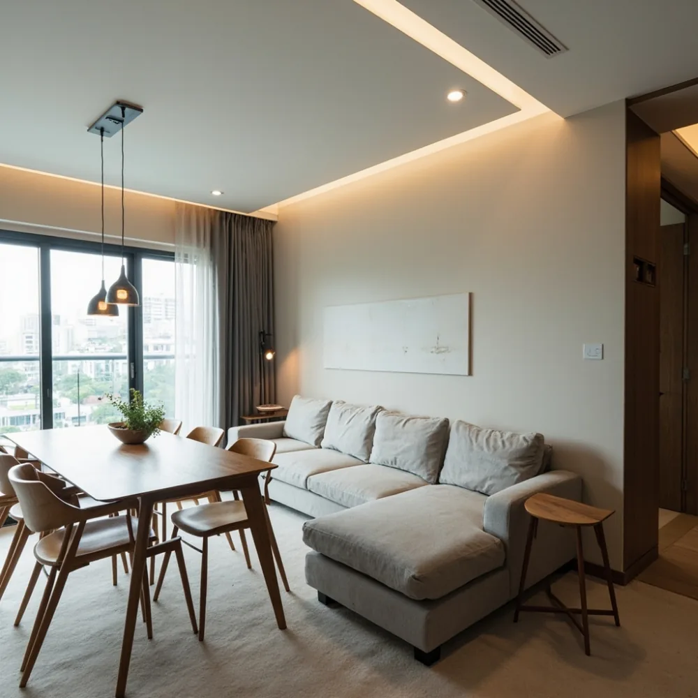 Sofa my postmoden kelabu linen dengan chaise dan meja makan kayu pepejal di kondominium terbuka Pulau Pinang