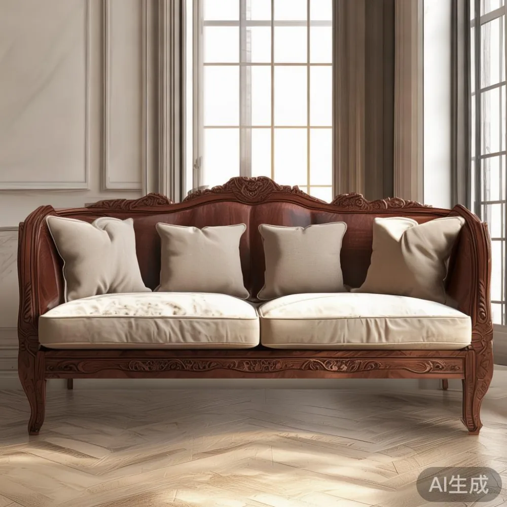 sofa kayu pepejal gaya Perancis mewah di ruang tamu kondominium