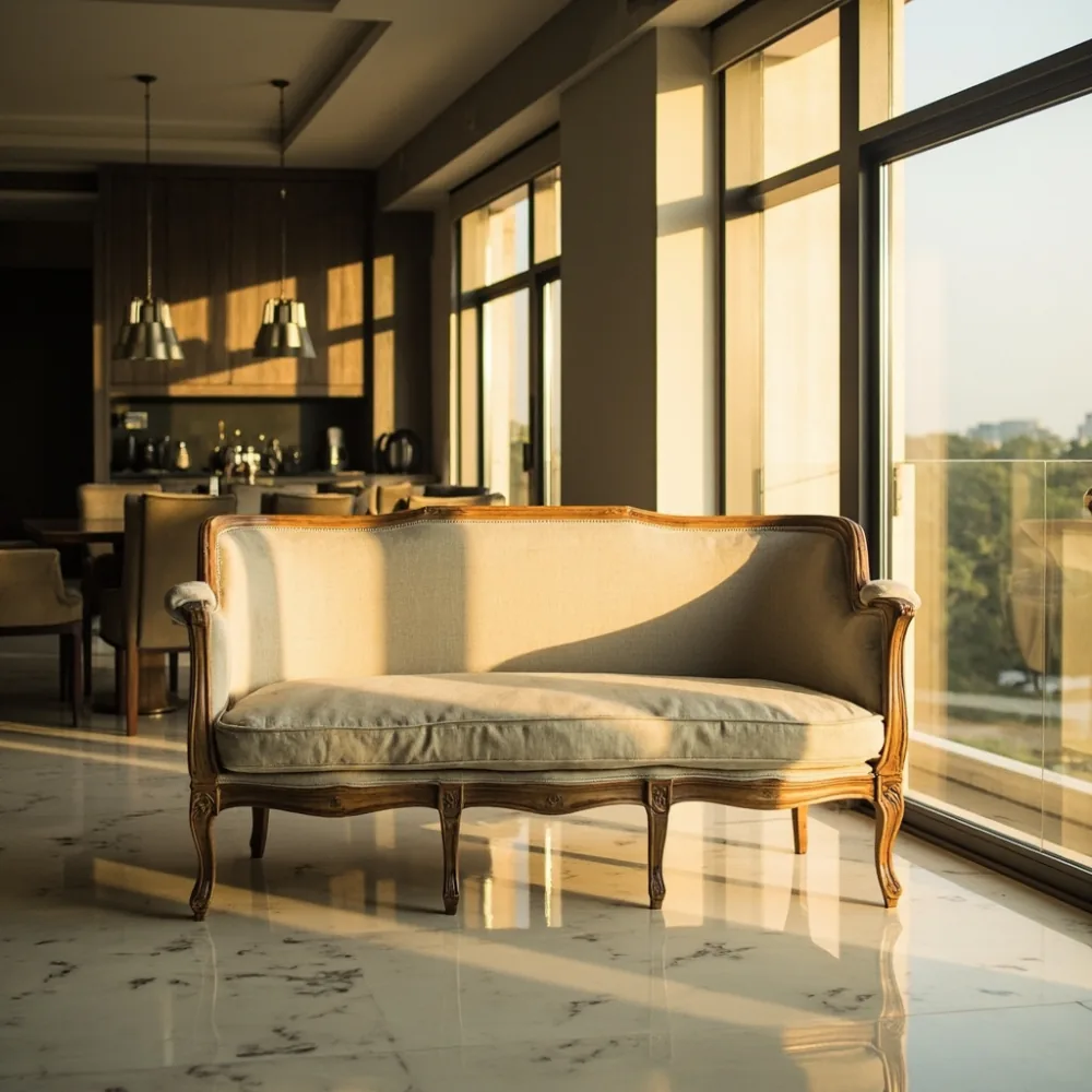 Sofa kayu pepejal gaya Perancis dalam ruang tamu kondominium Kuala Lumpur dengan cahaya petang