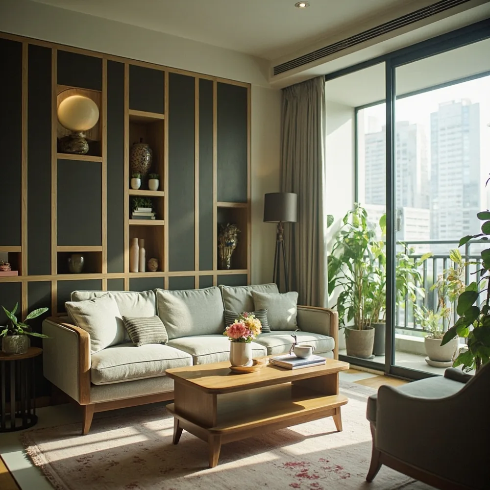 Sofa kayu pepejal mid-century Amerika dengan fabrik boucle dalam kondominium tropika Pulau Pinang