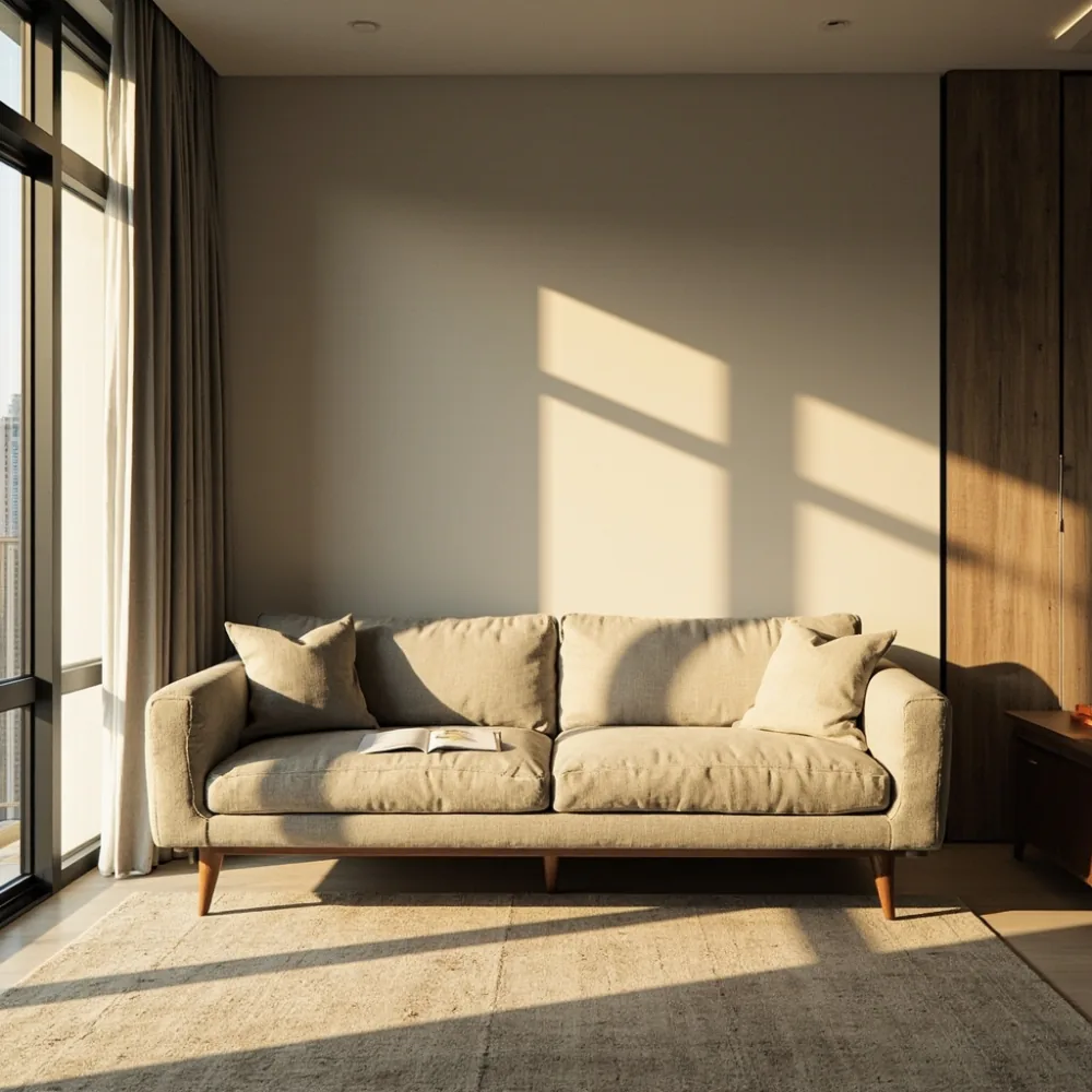 Sofa My pasca moden Amerika dengan upholsteri linen beige dan kaki walnut di ruang tamu kondominium Kuala Lumpur