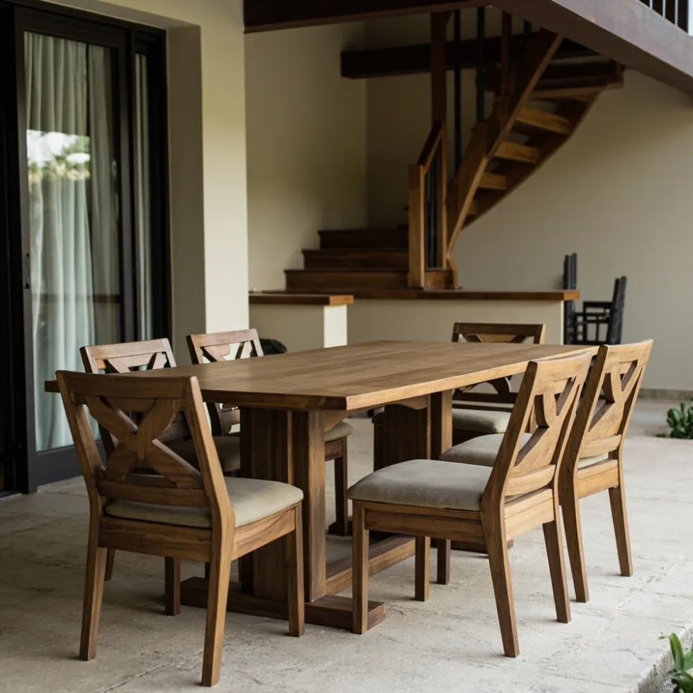 Meja makan kayu pepejal berkaki trapezoíd dengan kerusi upholsteri di ruang makan teres Pulau Pinang