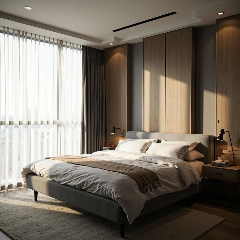 Rangka katil queen size upholsteri linen kelabu dengan almari walnut di bilik utama teres Johor Bahru