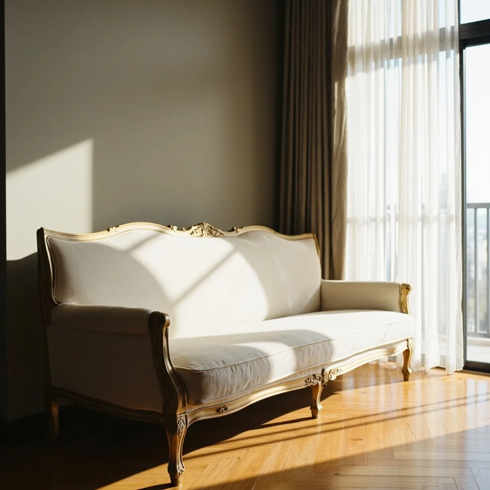 Sofa mewah Perancis kayu pepejal dalam ruang tamu kondominium Kuala Lumpur dengan cahaya semula jadi
