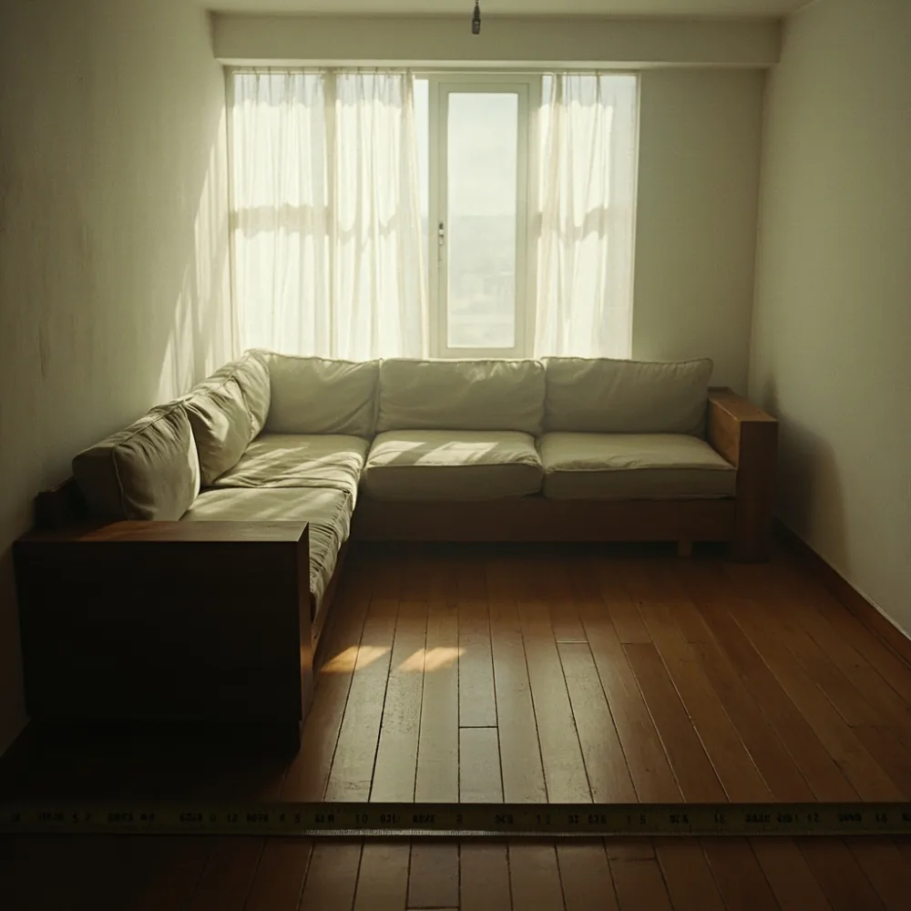 Sofa pasca moden walnut di sudut tangga teres Johor Bahru dengan pita pengukur