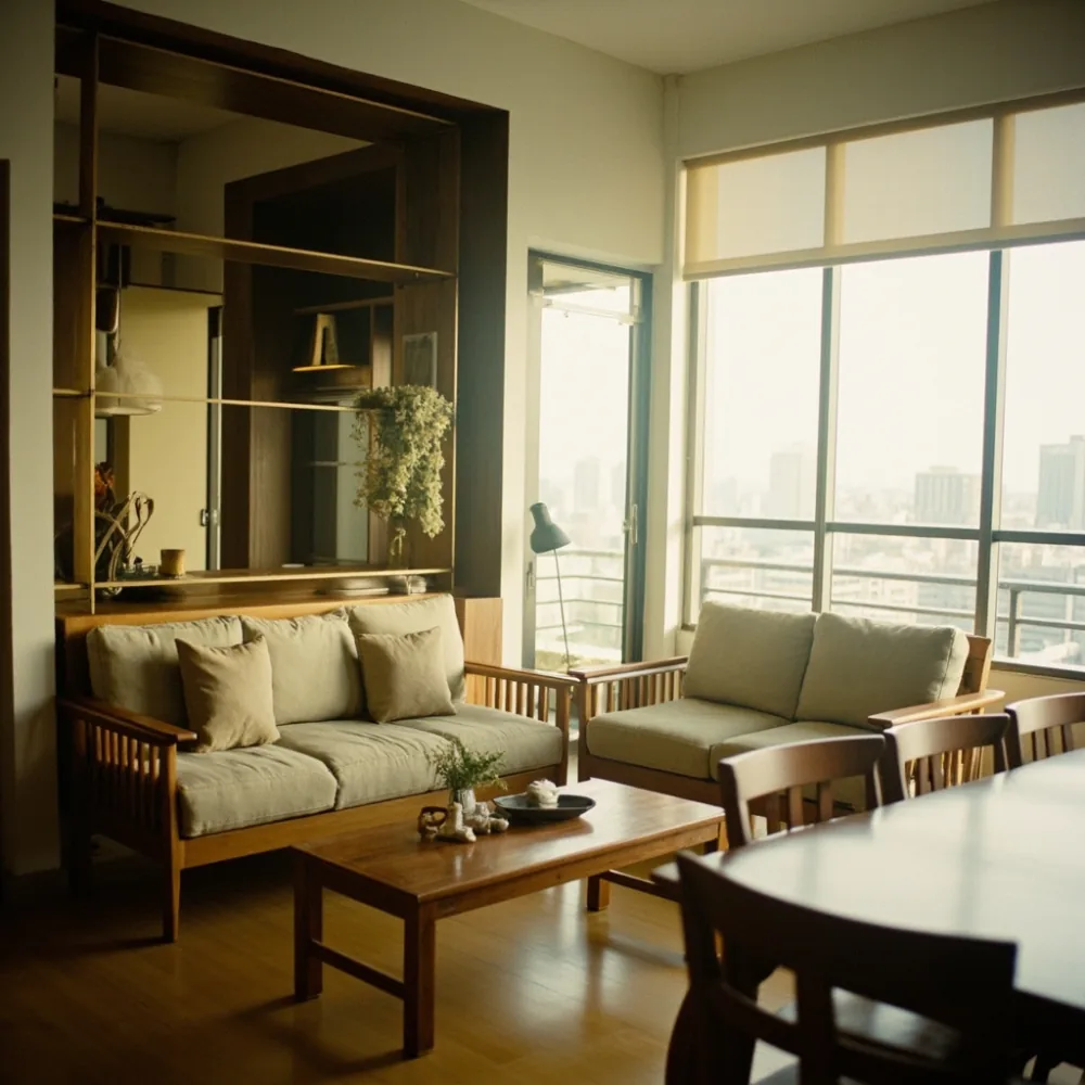 Sofa Amerika track-arm linen dipadankan meja makan walnut di kondominium Pulau Pinang