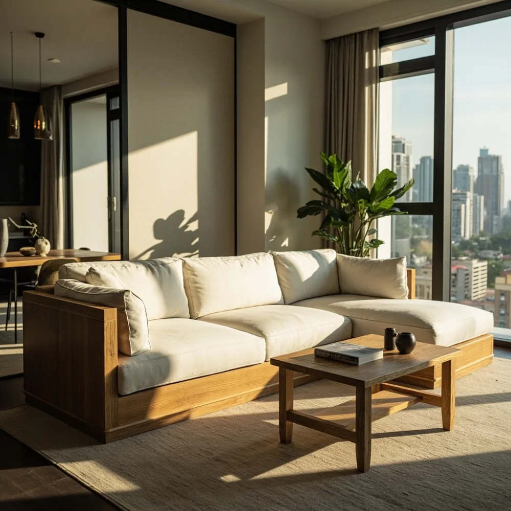 Sofa kayu pepejal mewah pasca moden dalam ruang tamu kondominium Kuala Lumpur dengan pencahayaan semula jadi tropika