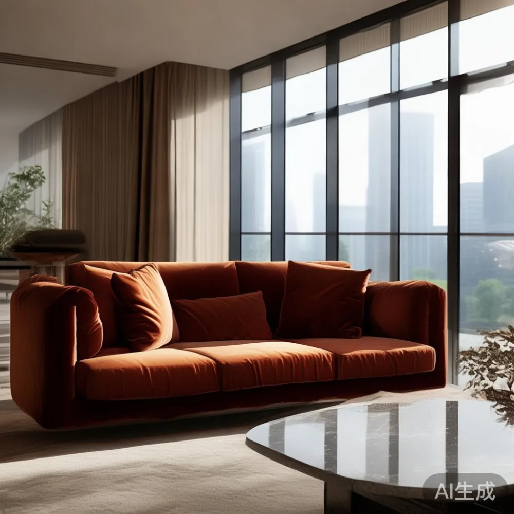 Sofa my postmoden walnut pepejal di ruang tamu kondominium Kuala Lumpur dengan pencahayaan tropika semula jadi