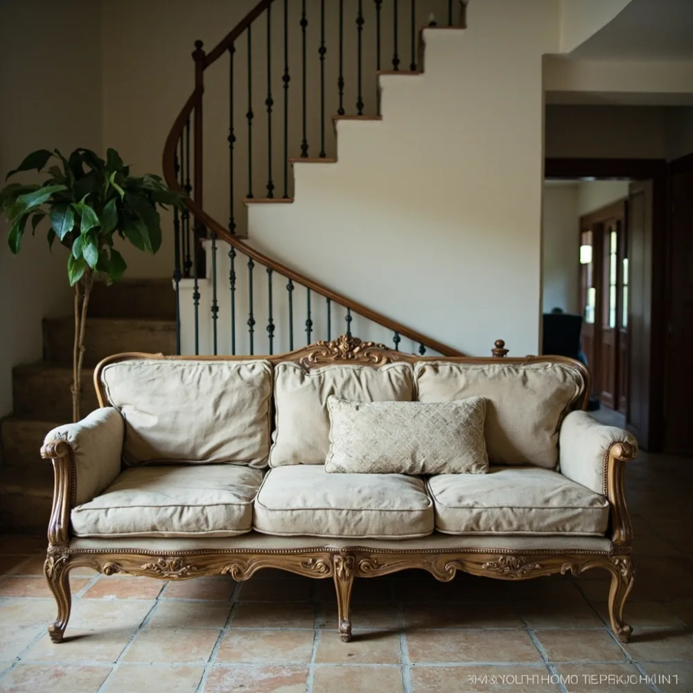 Sofa my mewah Perancis oak pepejal di lorong teres warisan Pulau Pinang berhampiran tangga besi tempa