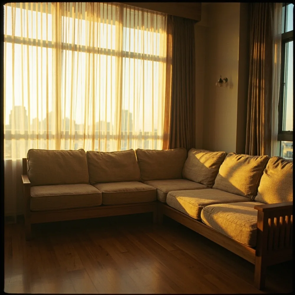 Sofa my sectional Amerika kayu pepejal boucle di ruang tamu kondominium Johor Bahru dengan cahaya senja keemasan