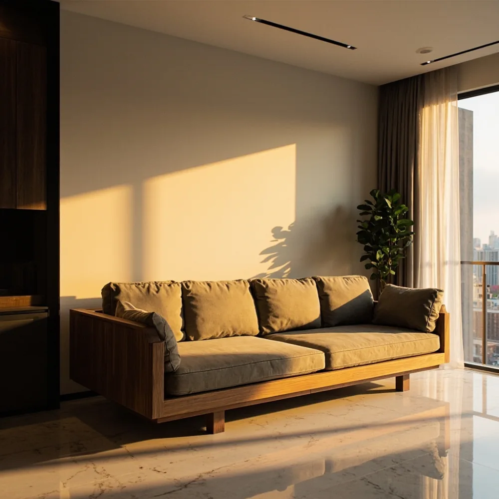 Sofa my kayu pepejal postmodern dalam ruang tamu kondominium Kuala Lumpur