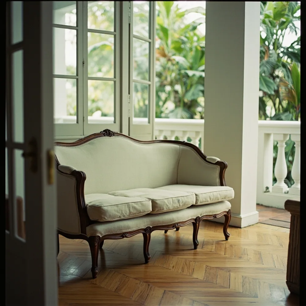 Sofa my gaya Perancis dalam teres klasik Pulau Pinang dengan lantai herringbone