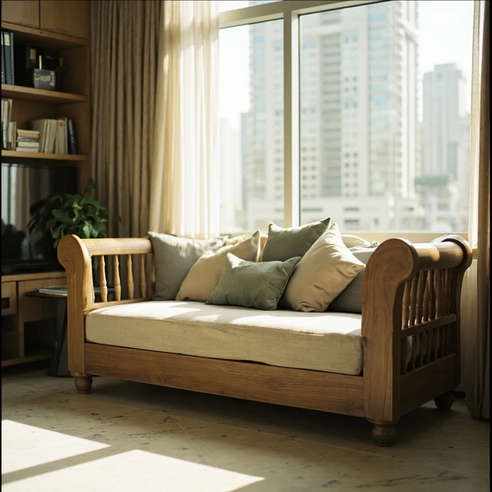 Sofa kayu pepejal gaya Perancis dalam ruang tamu kondominium Kuala Lumpur dengan cahaya petang