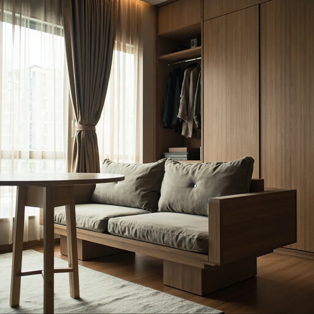 Padanan sofa pasca moden dengan meja makan bulat dan almari baju di kondominium Johor Bahru