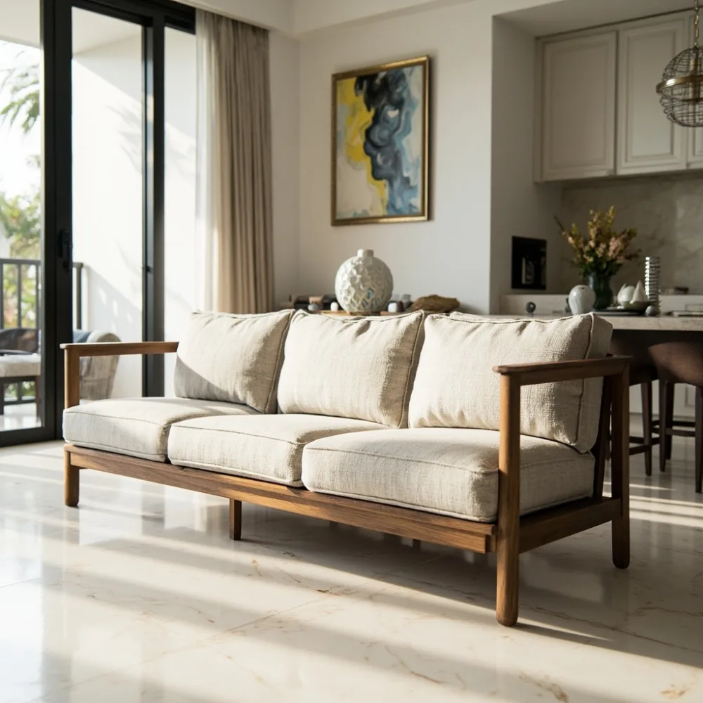 Sofa walnut tiga tempat duduk gaya pasca moden dalam ruang tamu kondominium KL