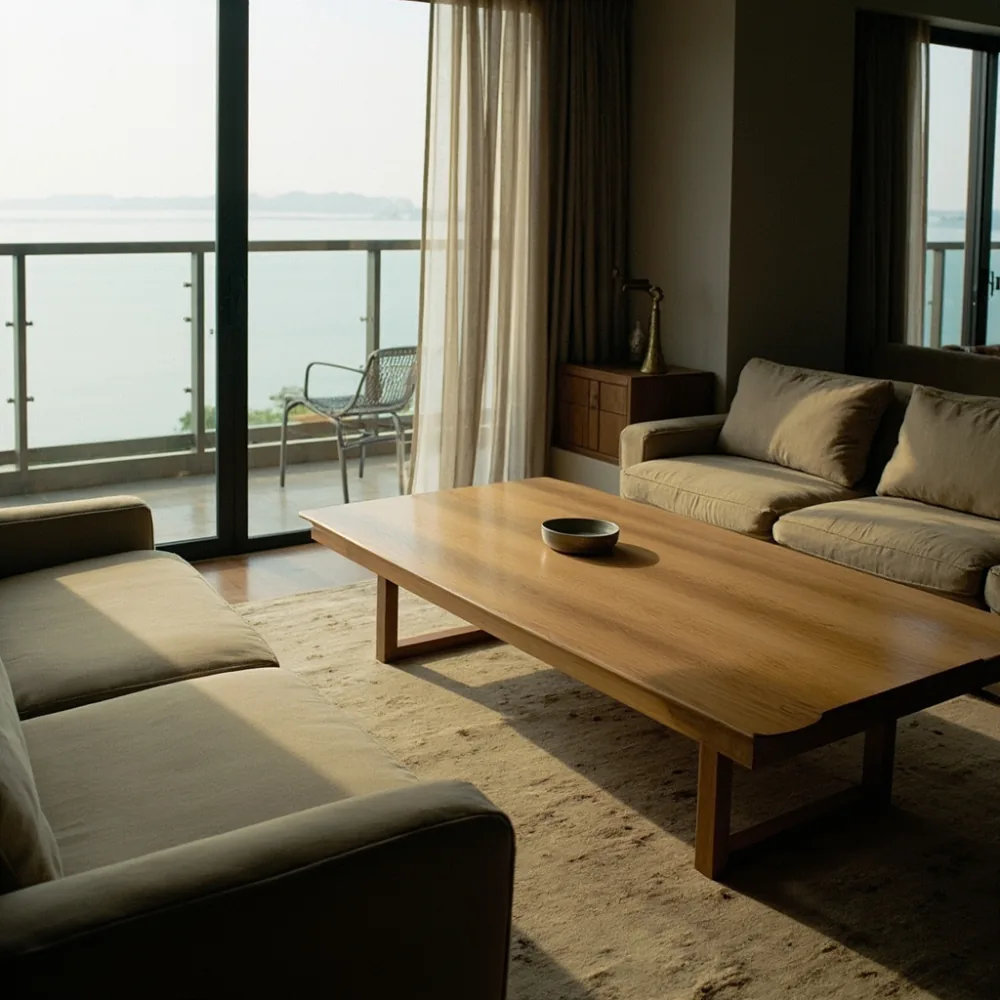 Set sofa meja kopi oak putih pasca moden dengan balkoni pemandangan laut Pulau Pinang