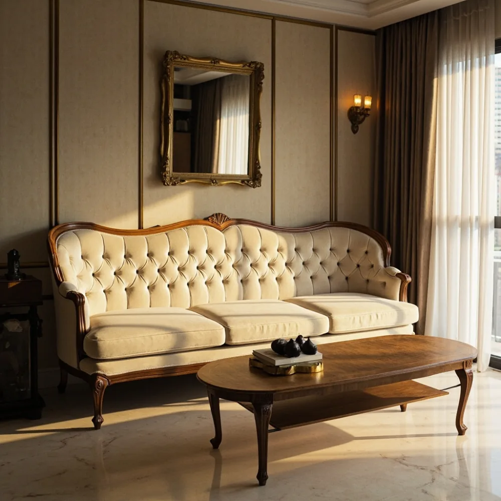 Sofa my kayu pepejal gaya Perancis baldu champagne dalam ruang tamu kondominium Mont Kiara