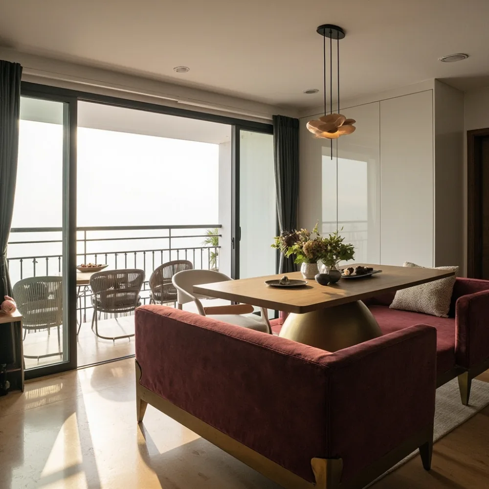 Padanan sofa postmoden baldu wain, meja makan oak, almari lacquer putih dalam kondominium Tanjung Bungah
