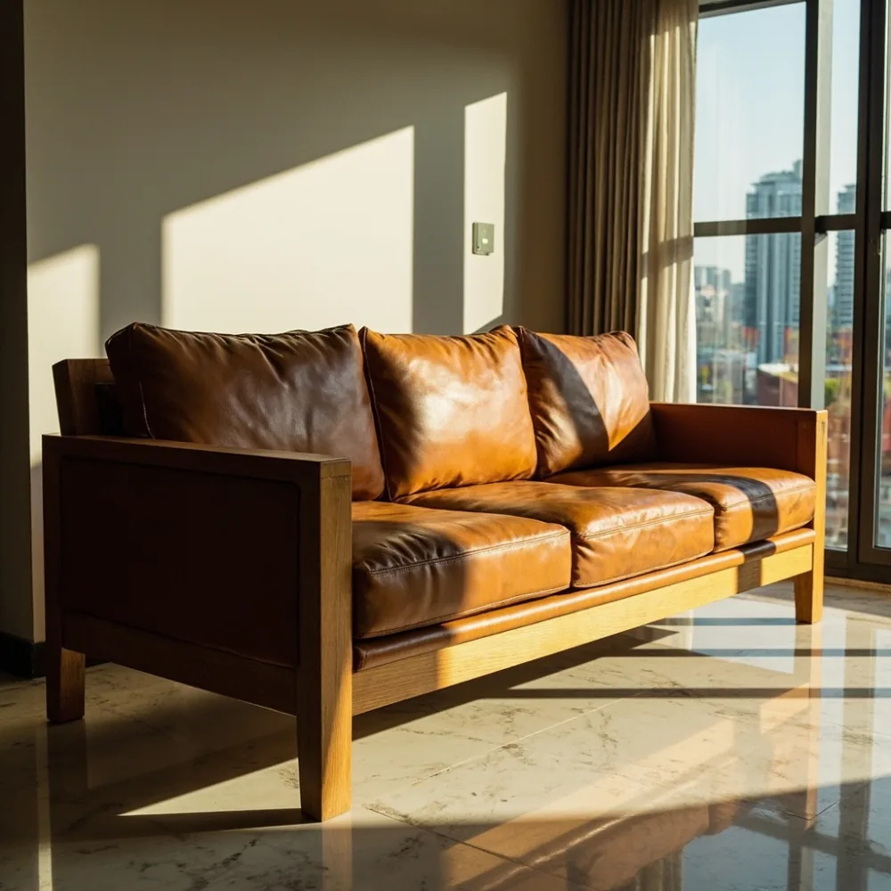 Sofa mewah gaya Amerika tiga tempat duduk kayu jati Burma dengan kulit cognac di ruang tamu kondominium Kuala Lumpur