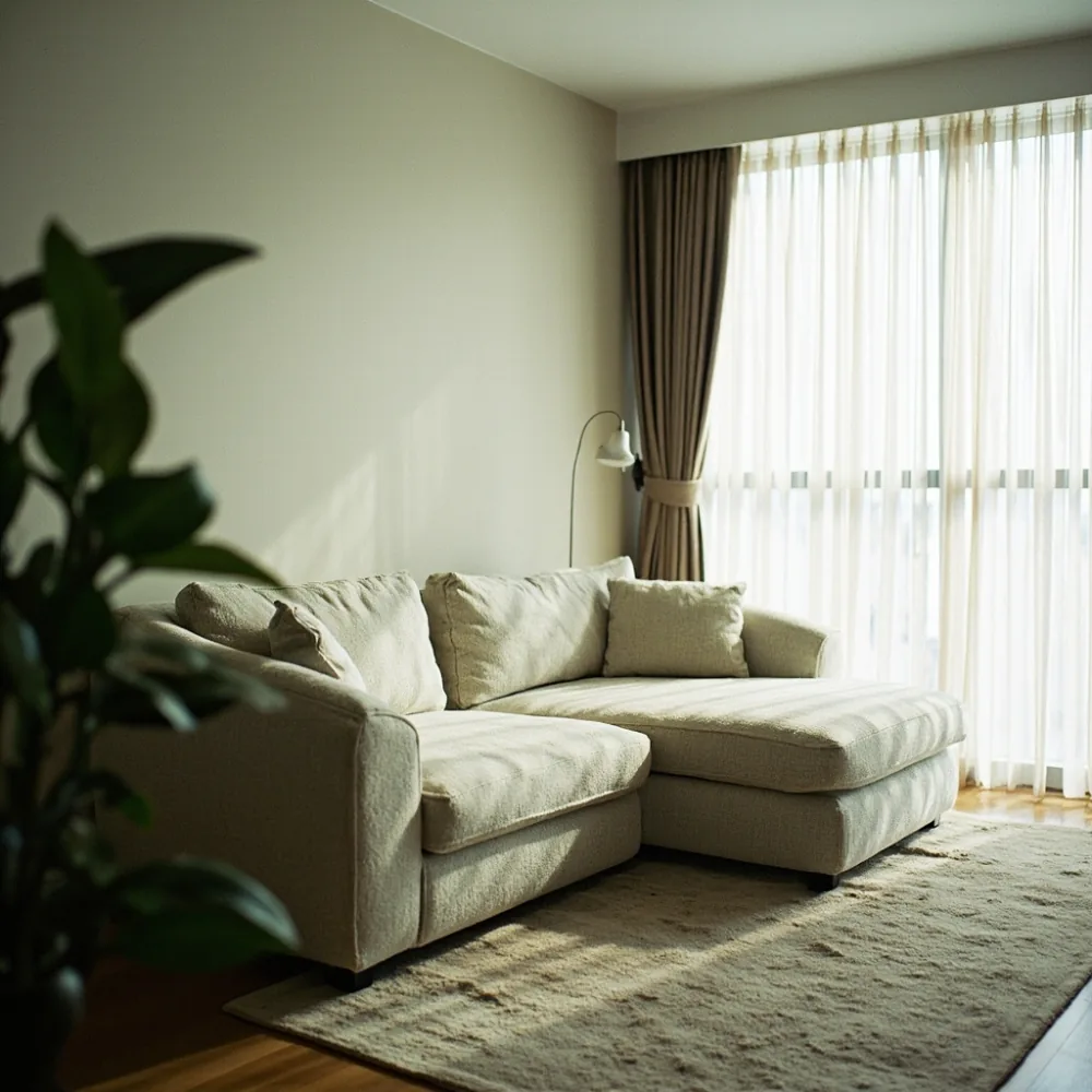 Sofa pasca moden boucle sectional di kondominium Johor Bahru dengan tekstil cerah