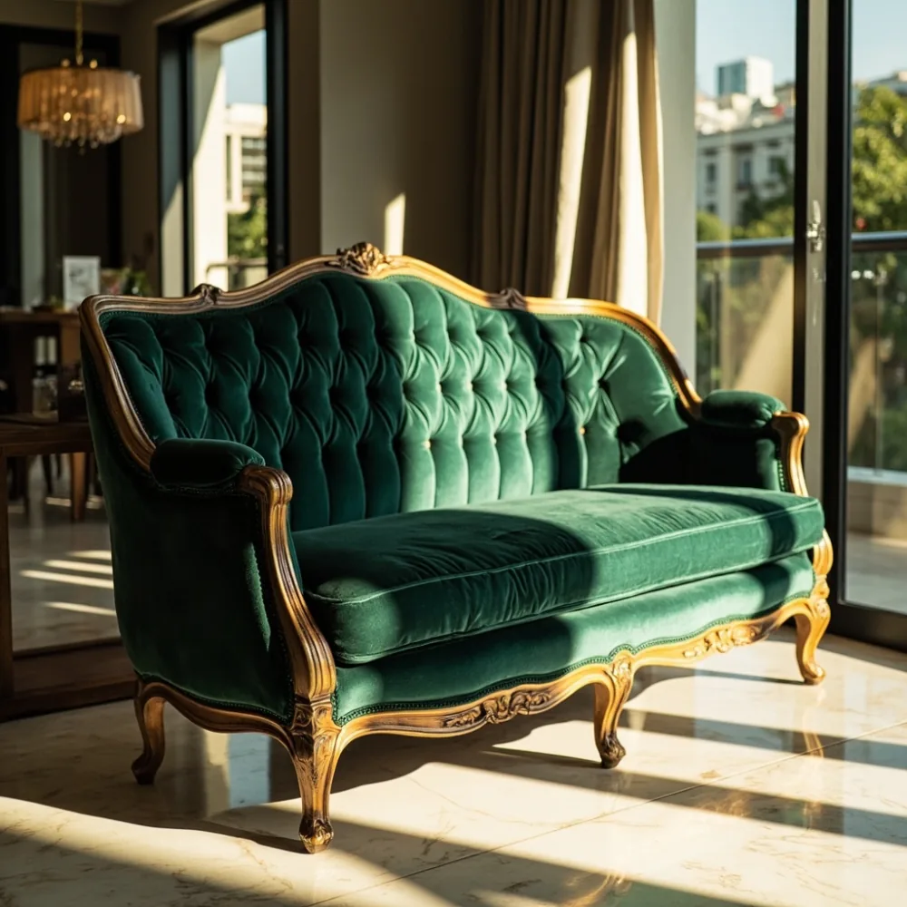 Sofa kayu pepejal gaya Perancis upholsteri baldu emerald dalam ruang tamu kondominium Kuala Lumpur dengan cahaya semula jadi