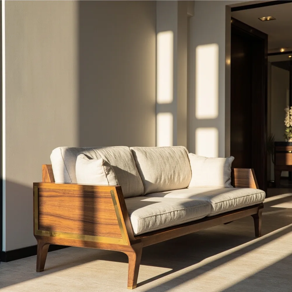 Sofa kayu pepejal postmoden upholsteri boucle krim dengan aksen emas dalam koridor lif kondominium Pulau Pinang