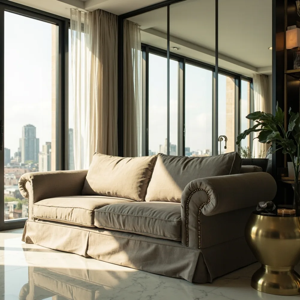 Sofa Perancis pasca moden linen taupe dalam ruang tamu kondominium Kuala Lumpur dengan meja sisi emas matte