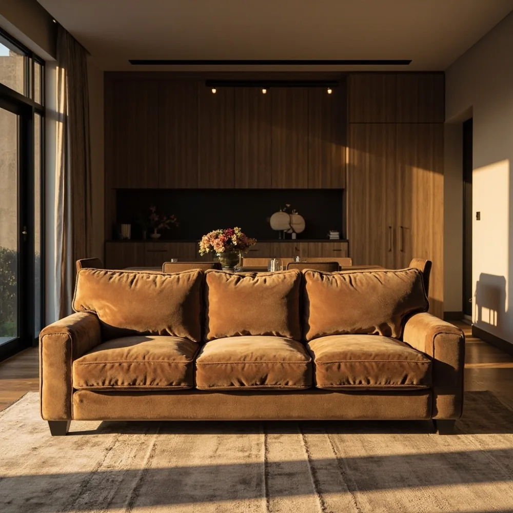 Sofa Amerika pasca moden boucle cognac dalam ruang tamu teres Johor Bahru dengan meja makan oak dan almari walnut