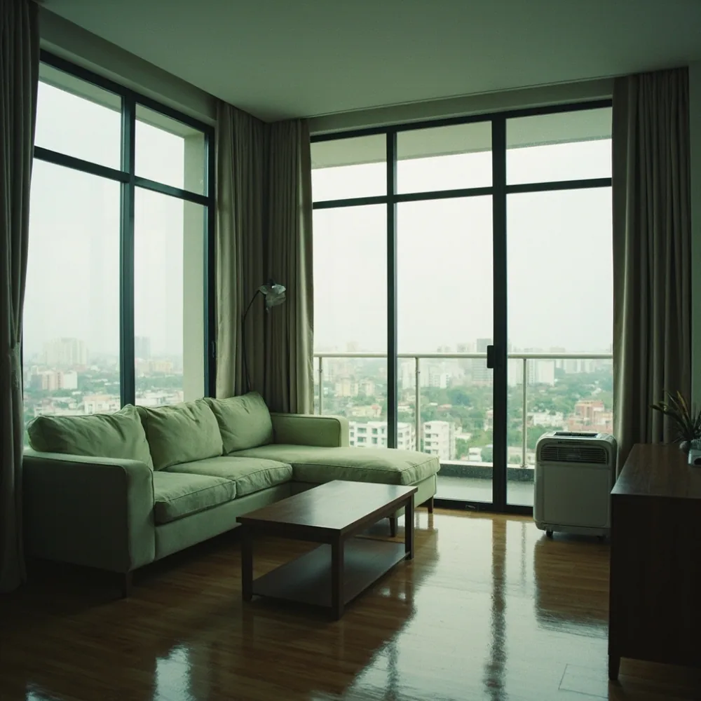 Sofa my modular dengan chaise linen sage di kondominium Pulau Pinang berhampiran balkoni, kayu walnut hangat