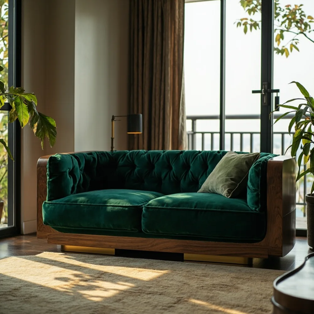 Sofa mewah postmoden walnut dengan baldu emerald dalam ruang tamu kondominium KL