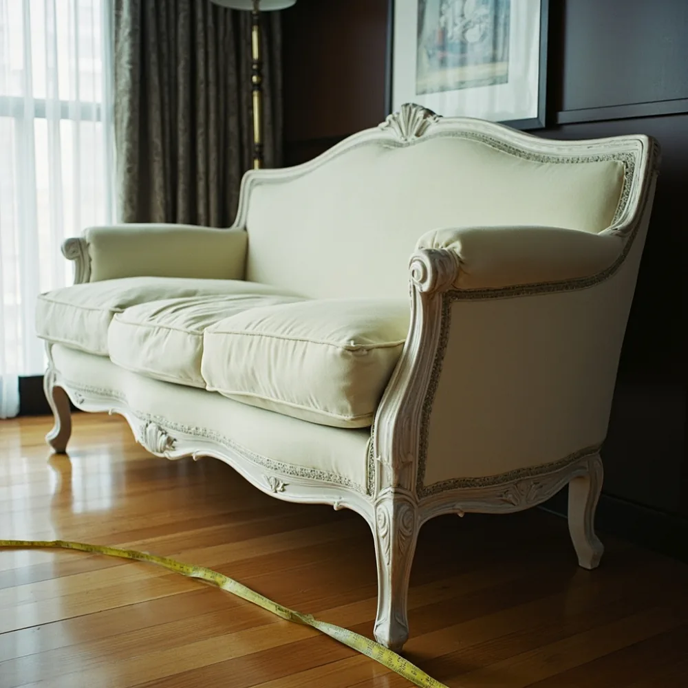 Set sofa mewah gaya Perancis oak putih dalam ruang tamu kondominium Pulau Pinang
