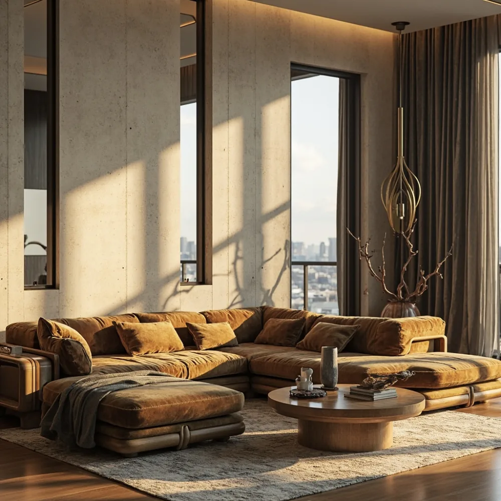 sofa kayu pepejal L mewah dalam ruang tamu kondominium
