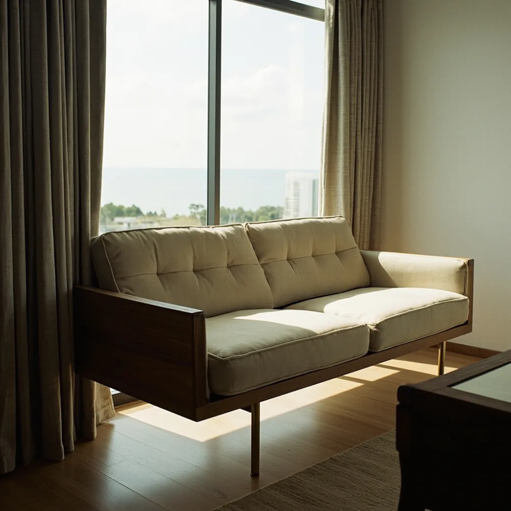 Sofa postmoden kayu pepejal tiga tempat duduk dengan kaki logam emas disikat di kondominium Pulau Pinang