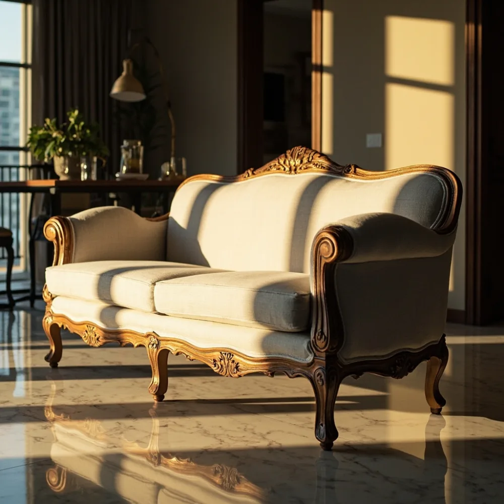 Sofa kayu pepejal mewah gaya Perancis di ruang tamu kondominium Kuala Lumpur