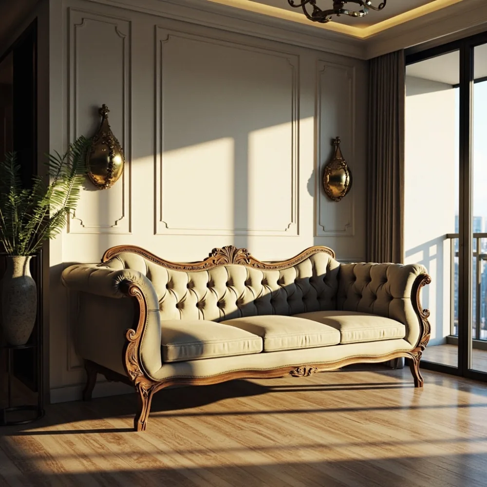 Sofa kayu pepejal gaya Perancis mewah di ruang tamu kondominium